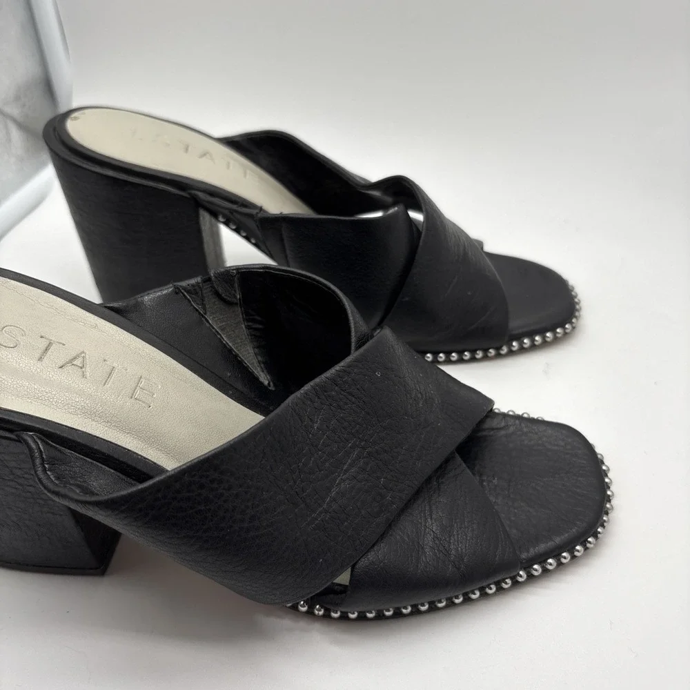 1 State Black Leather Strappy Chunky Square Toe Embellished Mule,8M